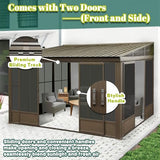 Domi 12x14FT Wall Mounted Sunroom, Against Wall Solarium with Galvanized Steel Sloping Roof, Detachable PVC Screen, Lockable Sliding Front and Side Doors, Lean-to Gazebo Sun Room for Deck Patio domi outdoor living