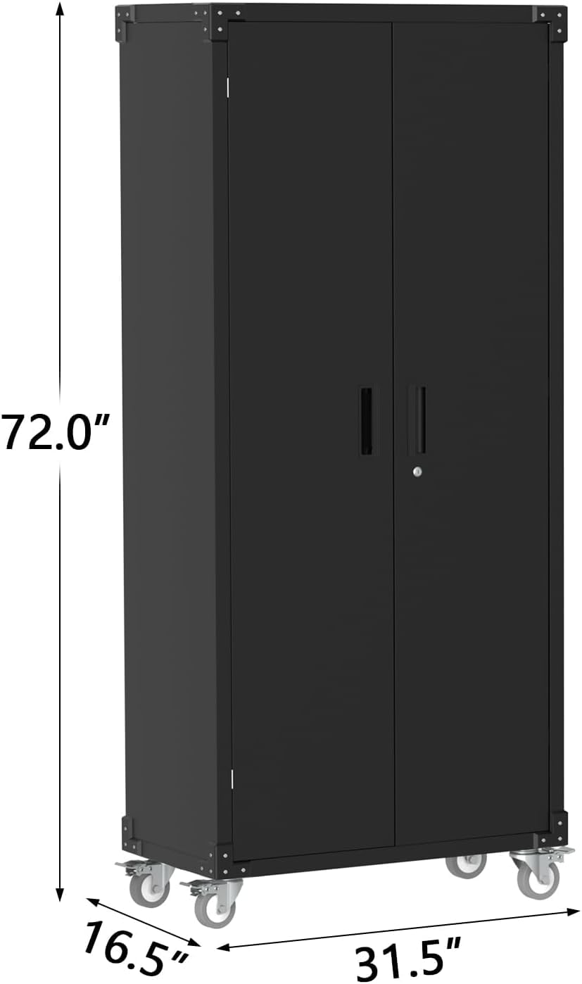72" Garage Storage Cabinet with Wheels, Locking Metal Cabinet with Door Pegboard & 4 Adjustable Shelves, Heavy Duty Steel Rolling Tool Cabinet for Garage, Workshop, Home, Office - Black Tioutbot