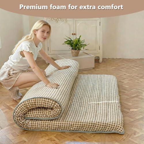 NSNLGSGC Tan Gingham Japanese Floor Mattress, 3.5" Thick High Density Foam Futon Mattress, Foldable Tatami Sleeping Pad for Adults & Kids, Roll Up Floor Bed for Dorm Guest Room, Twin Size 39" x 80" NSNLGSGC
