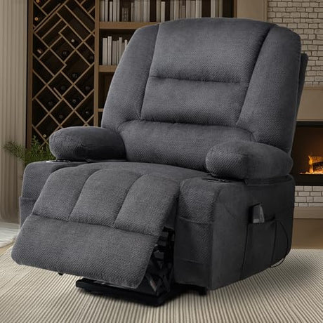 KCQ Overstuffed Electric Recliner Chairs for Adults with Cup Holder and USB Port, Fabric Power Lift Recliner Chair with Heat and Massage for Elderly Seniors, Grey KCQ