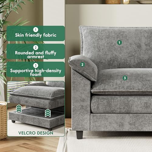 YESHOMY Sectional Modular Sofa U Shaped Chenille Fabric Couch with High Supportive & Soft Sponges and Removable Ottoman, Sleeper Comfy Upholstered Furniture for Living Room, Grey