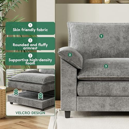 YESHOMY Sectional Modular Sofa U Shaped Chenille Fabric Couch with High Supportive & Soft Sponges and Removable Ottoman, Sleeper Comfy Upholstered Furniture for Living Room, Grey