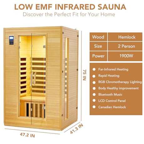 2024 Upgrade 2 Person Sauna, Low EMF 6 Heating Plate Infrared Physical Therapy Wooden Dry Steam Sauna with MP3 Auxiliary Connection, Dual Controls, Iron Shirt Wall Plate, Home Spa Day Use, Gift PioneerWorks