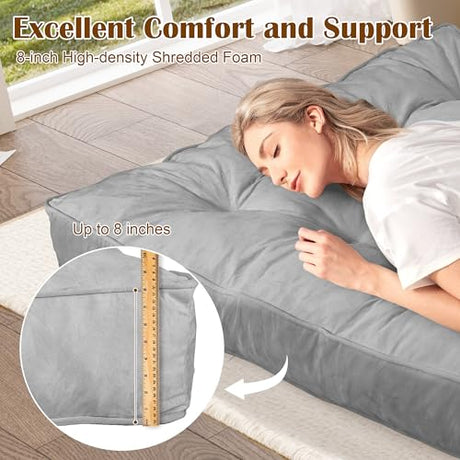 Futon Mattress Full Size 54" x 80", 8" Thick Floor Mattress for Adults, Foldable Sofa Couch Bed with Shredded Foam Filling, Comfy Sleeping Mat for Guest, Camping, Dorm, Light Gray(Frame Not Included) Bliss Homey