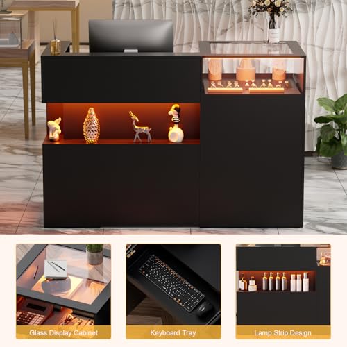 PAKASEPT 59" Large Reception Desk with Counter, Modern Front Desk Reception Room Table with LED Light & Glass Display Shelf, Retail Counter for Checkout, Lobby, Beauty Salon, Home Office Desk (Black)