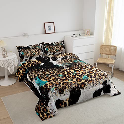 Leopard Print Kids Comforter Set King Size,Boys Girls Adults Bedroom Decor,Black White Cow Fur Texture Down Comforter,Abstract Animals Skin Bedding Set,Rustic Farmhouse Duvet Insert,2 Pillowcases Homewish