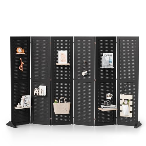 Bonnlo 4/6 Panel Pegboard Freestanding, 5 FT Portable Display Board Organizer for Craft Show Jewelry, Wooden Folding Privacy Screen Room Divider (Black, 6 Panel with Base) Bonnlo