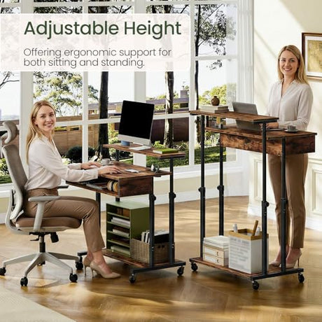CHOEZON Computer Desk, Standing Desk on Wheels, Rolling Desk with Charging Station, Height-Adjustable Laptop Desk, for Living Room, Home Office, Rustic Brown and Black TDN08UBF CHOEZON