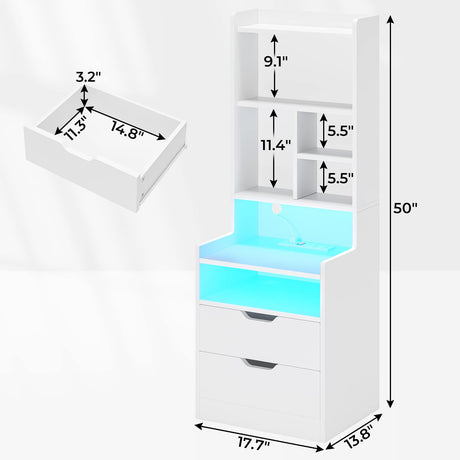 BTHFST Tall Nightstand Set of 2, LED Nightstand with Charging Station, Bedside Table with Shelves and 2 Drawers, Tall End Side Table with LED Lights and Storage, White BTHFST
