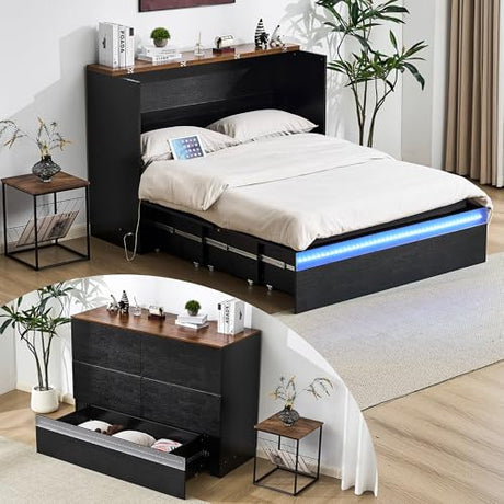 VINGLI Full Size Murphy Bed with Storage Drawer,Smart LED Lighting,Built-in 2 Charging Stations, Space-Saving Cabinet Bed for Kids,Adults & Guests,Classic Black VINGLI