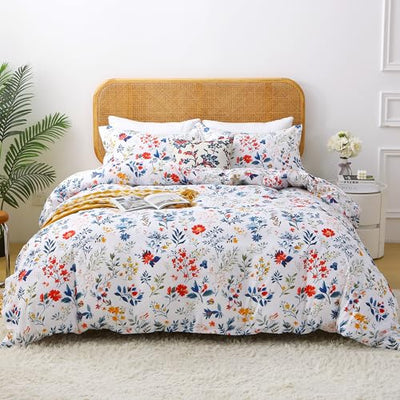 Mooreeke Duvet Cover Full Size, 3 Piece Blue and Red Flower Duvet Cover Set with Zipper Closure, Soft & Breathable Botanical Patterned Microfiber Bedding Set with 4 Corner Ties and 2 Pillow Shams