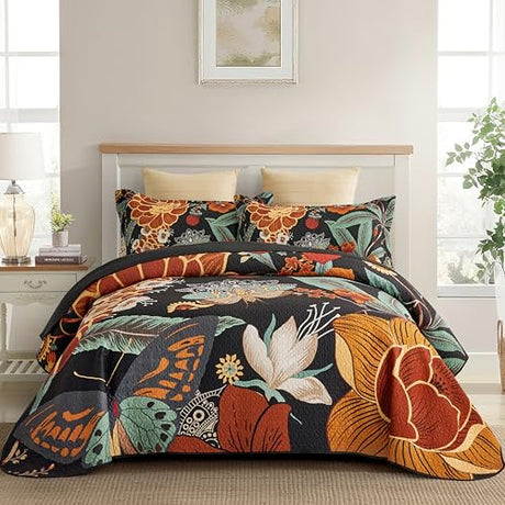 Tyrot 3 Piece Black Boho Floral Full/Queen Quilt Sets Reversible Farmhouse Botanical Lightweight Bedspread Coverlet with 2 Shams Butterfly Microfiber Bedding Quilts Set for All Season, 90''x96'' Tyrot