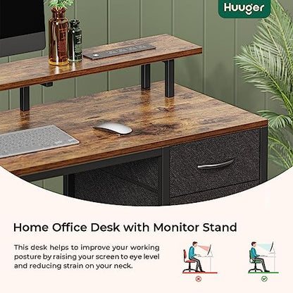 Huuger 55 inch Computer Desk with 4 Drawers, Gaming Desk with LED Lights & Power Outlets, Home Office Desk with Large Storage Space for Bedroom, Work from Home, Rustic Brown - WoodArtSupply