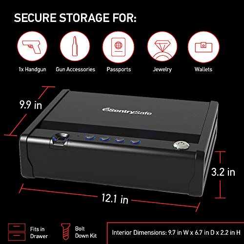 SentrySafe Biometric Gun Safe for Handgun or Pistol, Fingerprint Safe with Interior Light, 1 Handgun Capacity, Firearm Storage with Bolt Down Kit, QAP1BLX