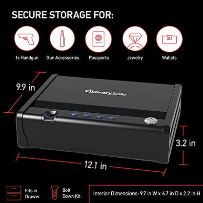 SentrySafe Biometric Gun Safe for Handgun or Pistol, Fingerprint Safe with Interior Light, 1 Handgun Capacity, Firearm Storage with Bolt Down Kit, QAP1BLX