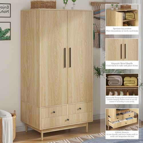 Mxtxmy Armoire Wardrobe Closet with 2 Fluted Doors,64.96" Wooden Clothes Storage Cabinet with Hanging Rod and Shelf Storage,Wardrobe Cabinet with 3 Drawers,Freestanding Closet for Bedroom,Nat - WoodArtSupply