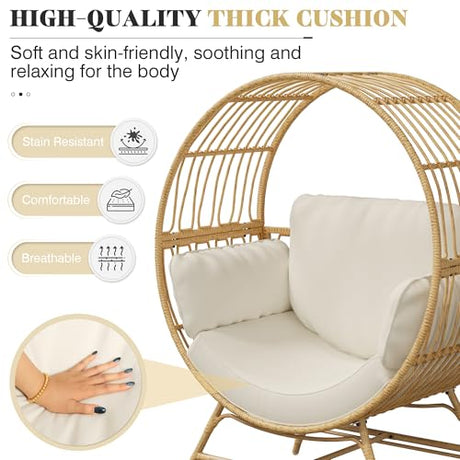Bifanuo Oversized Egg Chair Indoor/Outdoor Rattan Hanging Basket Chair with Thickened Cushion Supports 350LBS – Wicker Patio Lounge Chair for Balcony Porch Living Room Backyard (Beige) Bifanuo