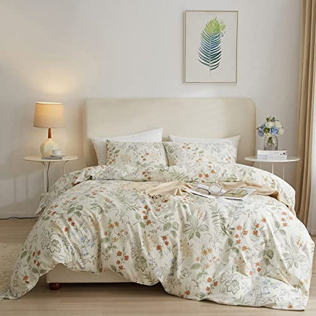 EAVD Fresh Botanical Floral Duvet Cover Full White Soft 100% Cotton Garden Botanical Bedding Set with 2 Pillowcases Vintage Style Gorgeous Floral Full Duvet Cover with Zipper Closure EAVD