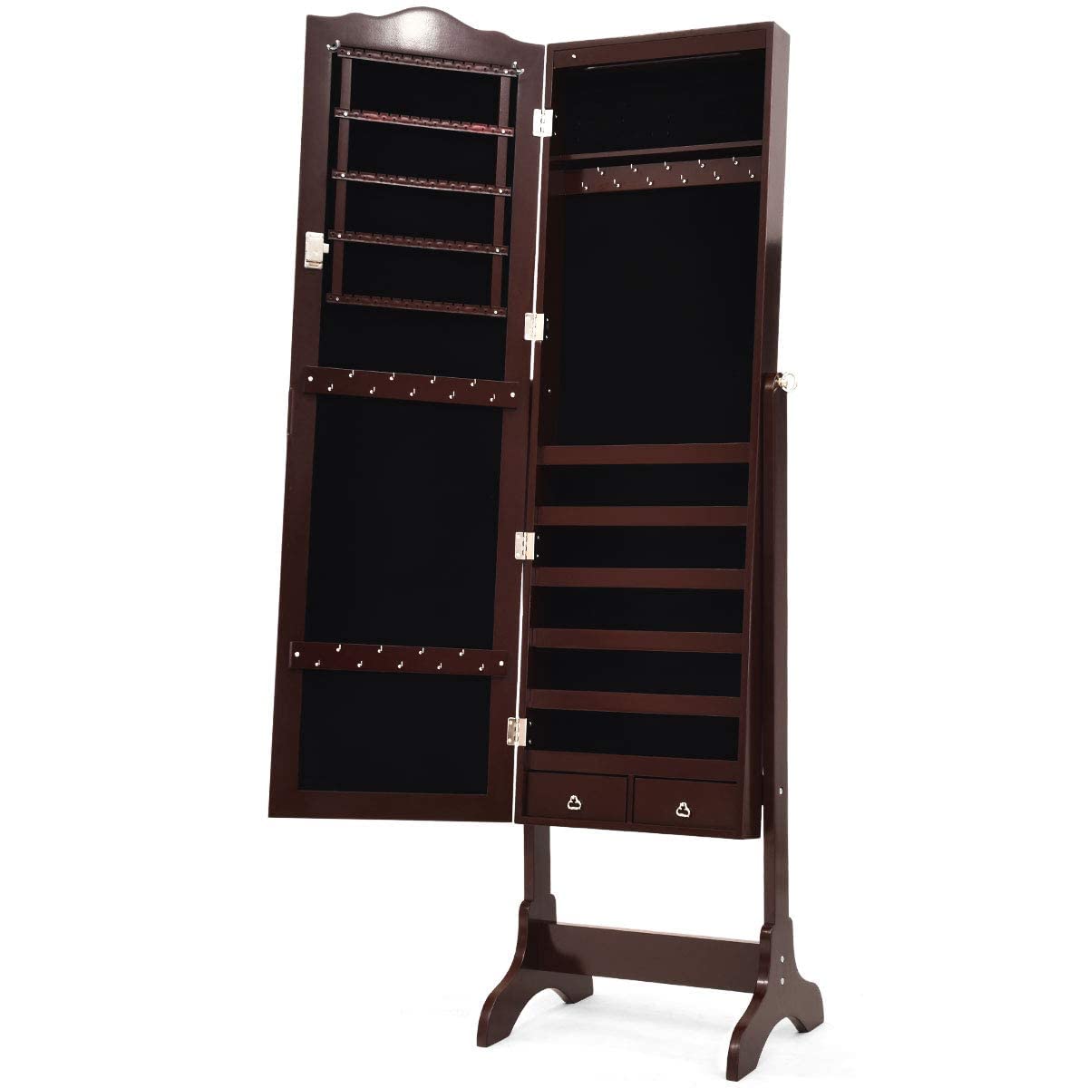 Giantex Jewelry Armoire Organizer with Full Length Mirror, 14 LEDs Floor Standing Jewelry Cabinet with 2 Drawers, 4 Adjustable Angles, Lockable Jewelry Storage Box Cabinet (Brown) - WoodArtSupply