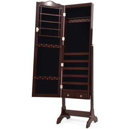 Giantex Jewelry Armoire Organizer with Full Length Mirror, 14 LEDs Floor Standing Jewelry Cabinet with 2 Drawers, 4 Adjustable Angles, Lockable Jewelry Storage Box Cabinet (Brown) - WoodArtSupply