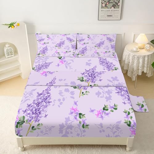 FUYEUN Floral Sheets Sets Queen Size 4 Pcs Flower Fitted Sheets Bedding for Women Girls Purple Lilac Modern Bed Sheets with 1 Flat & 2 Pillowcases FUYEUN