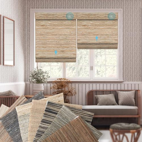 SmartWings Motorized Natural Woven Wood Blinds for Windows, Electric Auto Roman Shades with Remote for Sliding Doors, Sample Fabric for Motirized Roman Shade, Various Materials, Multi Color SmartWings