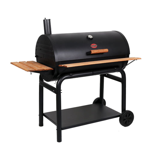 Char-Griller® Outlaw Charcoal Grill and Smoker with Cast Iron Grates, Warming Rack, Premium Wood Shelves and 950 Cooking Square Inches in Black, Model 2137