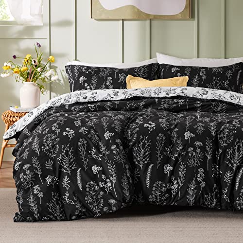 Bedsure Twin/Twin XL Comforter Set - Black Bed Set, 2 Pieces Cute Floral Bedding, 1 Soft Reversible Botanical Flowers Comforter and 1 Pillow Sham Bedsure
