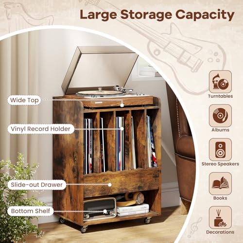 Giantex Record Player Stand, Rolling Turntable Stand with Drawer & Lockable Wheels, Record Player Table Holds Up to 150 Albums, Vinyl Record Storage for Living Room Bedroom, Rustic Brown Giantex