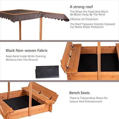 BIRASIL Wood Sandbox with Cover, Sand Box with 2 Bench Seats for Aged 3-8 Years Old, Sand Boxes for Backyard Garden, Sand Pit for Beach Patio Outdoor (Natural Wood, 48 Inch) BIRASIL