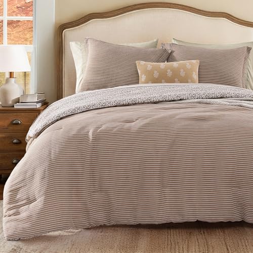 Queen Comforter Set - 7 Pieces Dark Brown Gauze Muslin Bedding Sets for All Seasons, Lightweight Breathable Bed in a Bag Queen with Revesible Farmhouse Comforter, Sheets, Pillowcases & Shams BLOOMHAVEN