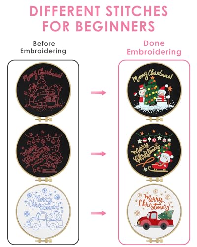 TINDTOP Christmas Embroidery Kit for Adult Beginners, 3 Sets Embroidery Stitch Practice kit Include Embroidery Cloth Hoops Threads for Craft Lover Hand Stitch TINDTOP