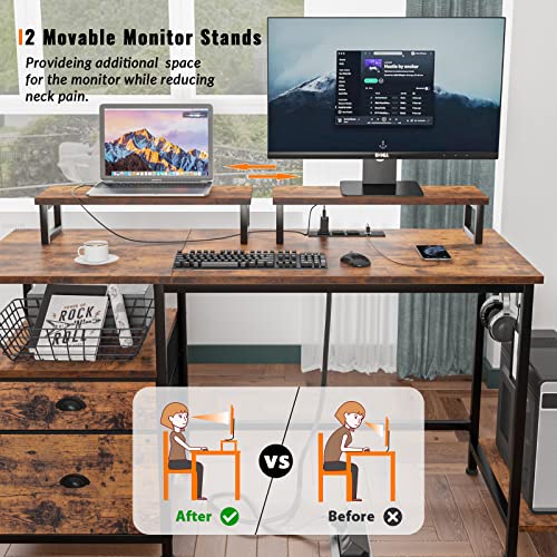 Furologee Computer Desk with Drawer and Power Outlets, 47" Office Desk with 2 Monitor Stands and Fabric File Cabinet, Writing Gaming Table with Shelves and 2 Hooks for Home Office, Rustic Brown Furologee