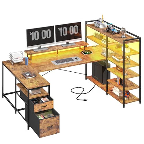 DurayLoly L Shaped Desk with Monitor Stand, 63'' Reversible U Shaped Office Desk with 6 Tire Storage Shelves & 2 Fabric Drawers, Gaming Desk with Power Outlet & LED Strip, Rustic Brown DurayLoly
