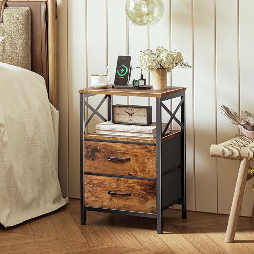 Huuger Nightstands Set of 2, Night Stand with Charger Station, 2 Drawer Side Table with Open Shelf, USB-C Port, End Table for Small Spaces, X Shaped Side Rail, Rustic Brown Huuger
