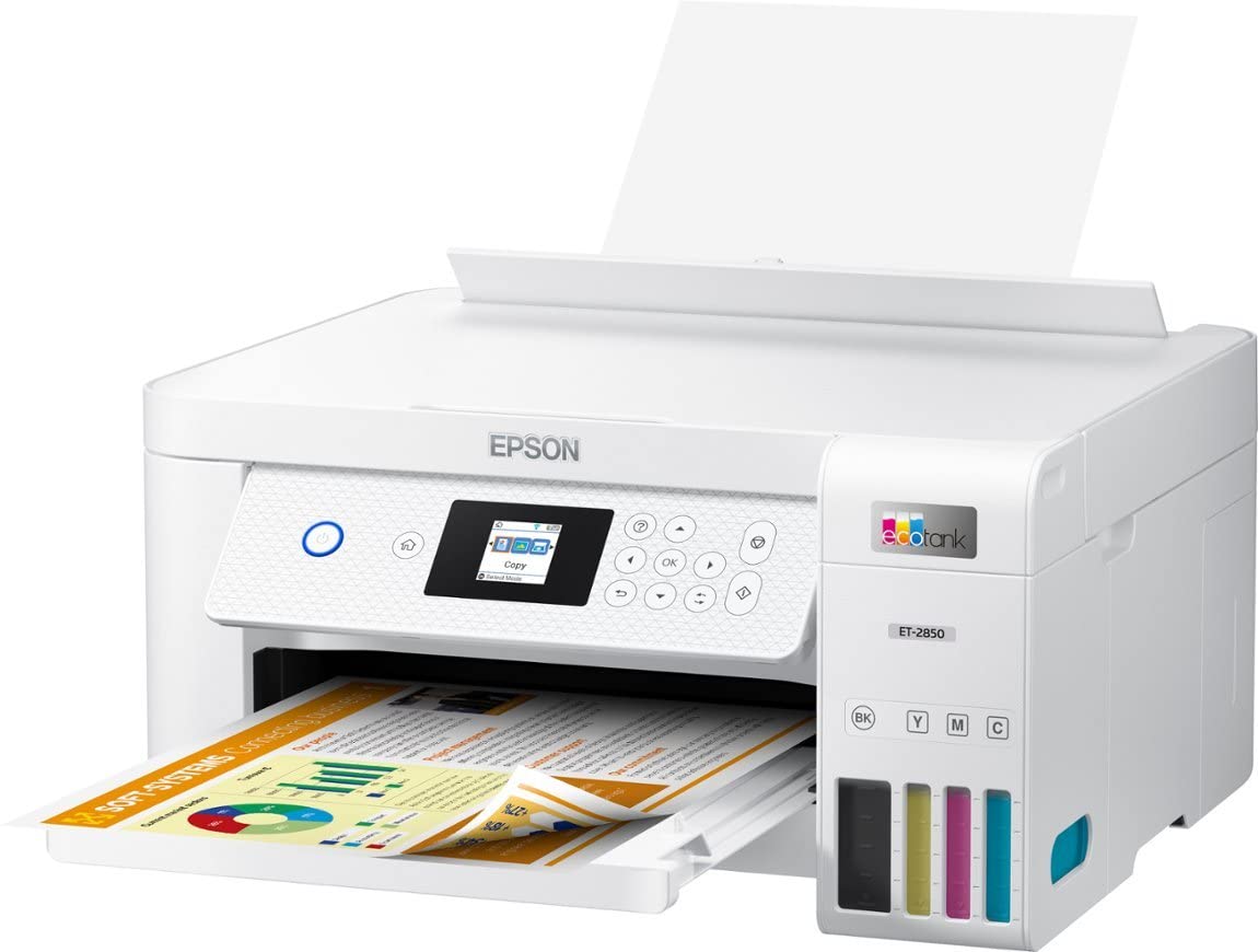 Epson EcoTank ET-2850 Wireless Color All-in-One Supertank Inkjet Printer, White - Print Scan Copy - 10 ppm, 4800 x 1200 dpi, Auto 2-Sided Printing, Voice-Activated