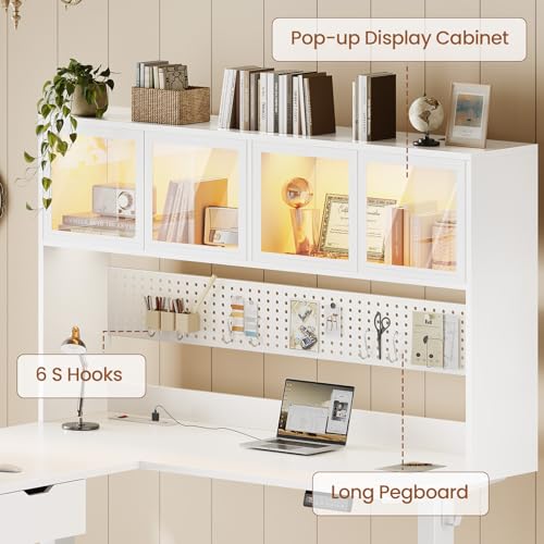 SEDETA 68.9" Standing L Shaped Gaming Desk, Office Computer Desk with Storage Hutch and Drawers, Stand Up Corner Desk with Pegboard & Led Lights for Home Office, White SEDETA
