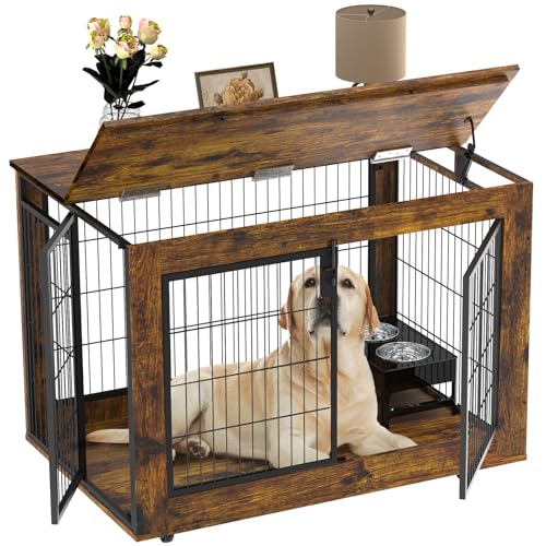 EasyCom Dog Crate Furniture, Extra Large Dog Kennel Indoor with Top-Access Teasing/Feeding Door, Spacious Dog House Moveable Furniture-Style Dog Cage with Wheels Double Doors - WoodArtSupply