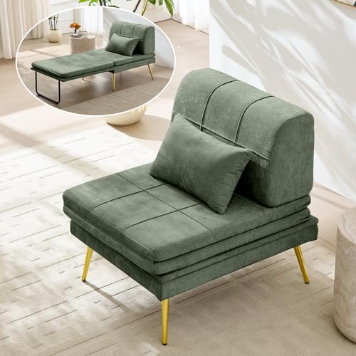 wanan Convertible Sofa Bed, 3-in-1 Futon Sleeper Chair with Back Support & Pillow, Chenille Fabric Single Daybed with Solid Wood Frame & Sturdy Metal Legs, for Living Room Bedroom, Vintage Green wanan