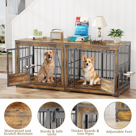 61'' Double Dog Cage Furniture for 2 Dogs, TV Stand Dog Kennel with Adjustable Divider, Heavy Duty Double Dog Crate Furniture Indoor with 4 Bowls, XL Dog Crate End Table for Medium Small Breed, Brown BEURUKU