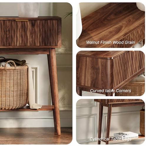 Cooday Console Table with Solid Wood Leg,Fluted Entryway Table with Storage Drawers, Mid-Century Modern Narrow Console Table for Living Room,Hallway,Walnut Cooday