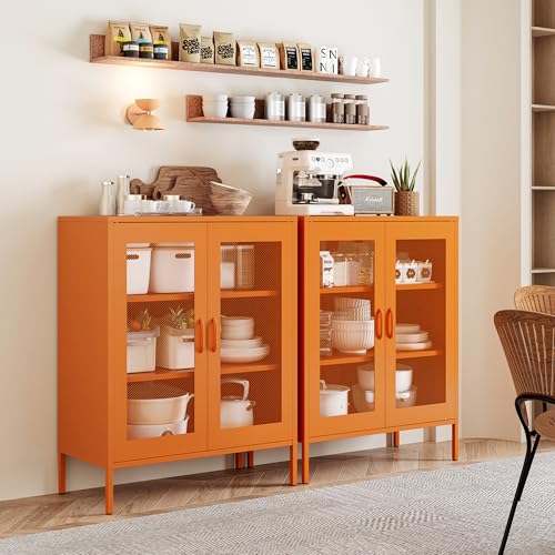 Chshin Metal Locker Storage Cabinet with 2 Mesh Doors and Adjustable Shelves,Orange Metal Locker Cabinets,Coffee Bar Cabinet,Kitchen Pantry Storage Cabinets for Home,Sideboard,Office(40" H) Chshin