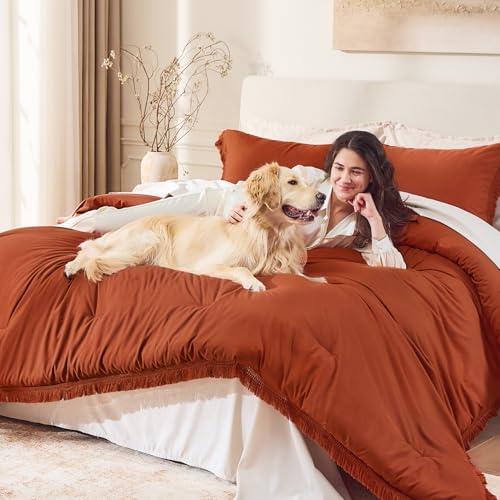 Andency King Size Comforter Set Burnt Orange, 3 Pieces Boho Terracotta Soft Lightweight Bedding Comforter Sets, Rust Tassel All Season Bed Set (104x90In Comforter & 2 Pillowcases) Andency