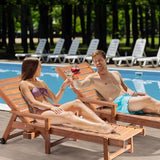 VINGLI Outdoor Chaise Lounge Chair, Wooden Patio Lounger Chair with Adjustable Backrest, Pool Chaise Lounge with Cup Holder & Wheels for Sunbathing Poolside Beach, Brown