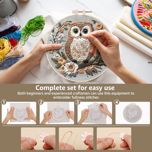 WHQLANG 4 Sets Owl Embroidery Kit, 8.1" Hoops, Embroidery Kit for Beginners to Advanced, Cross Stitch Kits,Inchlude Water Soluble Pattern, Needles,Threads, Template Tools