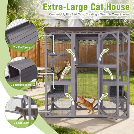 GUTINNEEN Catio Outdoor Cat Enclosure 70" Large Wooden Cat House Walk-in Cat Cage Kitty Shlter Playpen with 7 Platforms, 2 Resting Boxes, Waterproof Cover for 2-6 Cats (Grey) GUTINNEEN