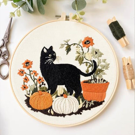 Myfelicity Embroidery kit,Fall Black Cat Embroidery Kit, Set of 3 Hoops, Autumn Pumpkin and Floral Design Myfelicity