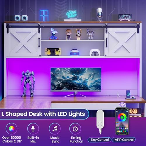 SEDETA 67" Farmhouse L Shaped Desk with Hutch, Home Office Desks with Drawers & Sliding Doors, Corner Computer Desk with Storage Shelves & Power Outlets, Executive Desk with LED Lights, White SEDETA