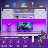 SEDETA 67" Farmhouse L Shaped Desk with Hutch, Home Office Desks with Drawers & Sliding Doors, Corner Computer Desk with Storage Shelves & Power Outlets, Executive Desk with LED Lights, White SEDETA
