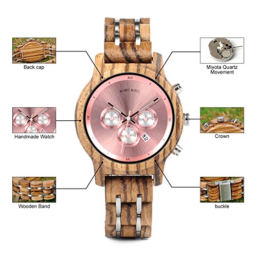 BOBO BIRD Women Wooden Watches Luxury Wood Metal Strap Chronograph & Date Display Quartz Watch Fashion Zebra Wood Casual Business Ebony Wristwatches (Zebra-Pink) BOBO BIRD